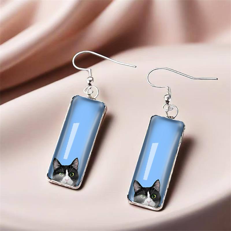 Cute Probe Cat Illustration Rectangular Hook Earrings